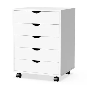 Wood Nightstand Cabinet 5-Drawers, Storage, Rotating Wheels
